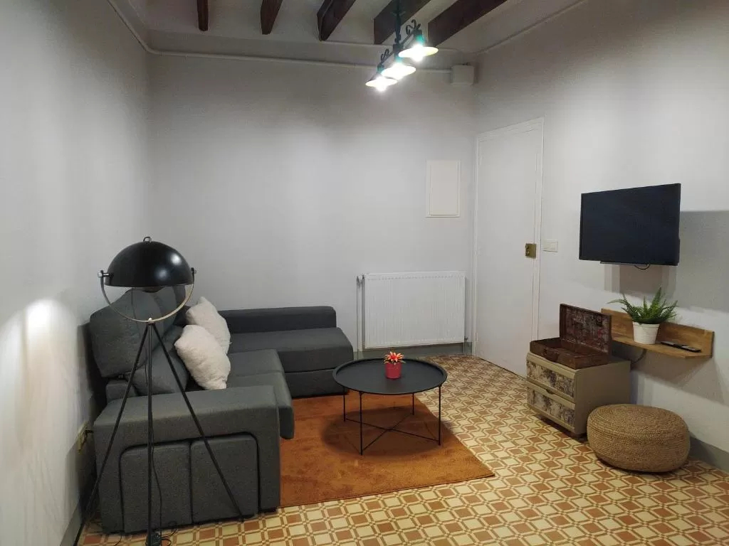 Saló menjador amb sofà, televisió i taula gran de fusta